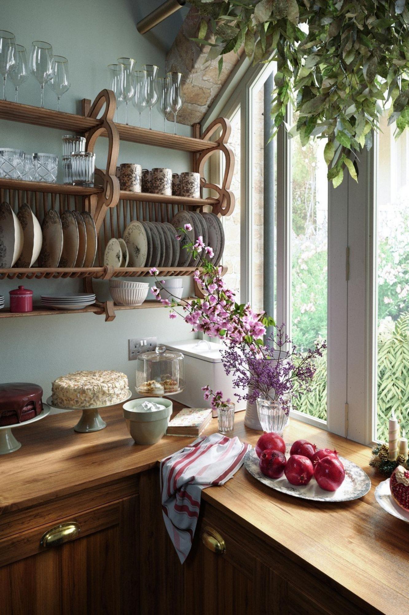 Small local kitchen interior with open shelves
