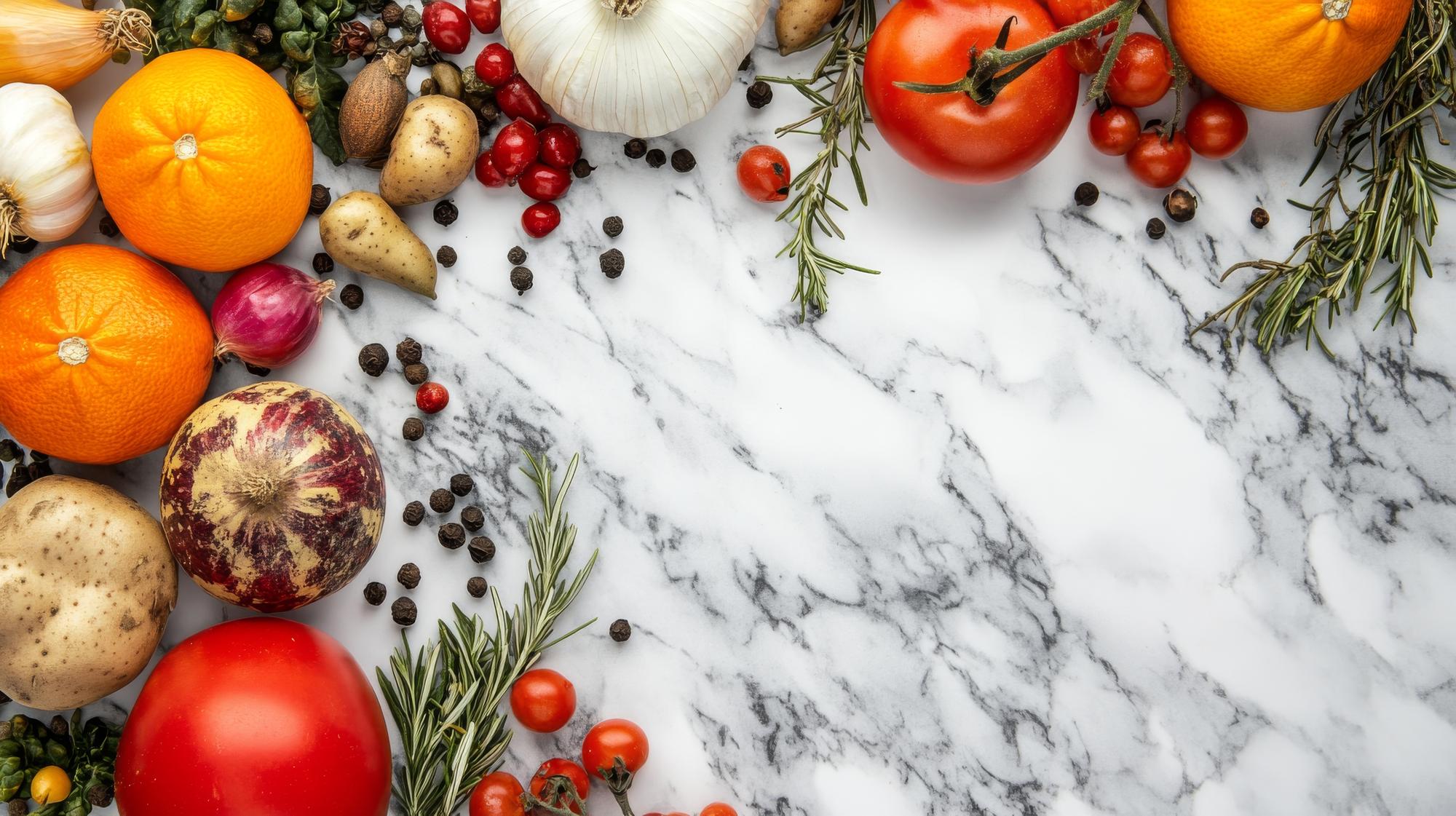 Close-up of seasonal ingredients on marble